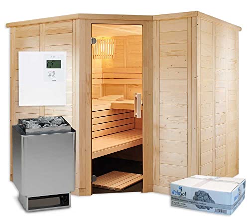 Well Solutions Saunakabine Polaris inklusive Saunaofen und Saunasteuerung | Finnische Sauna mit Ofen