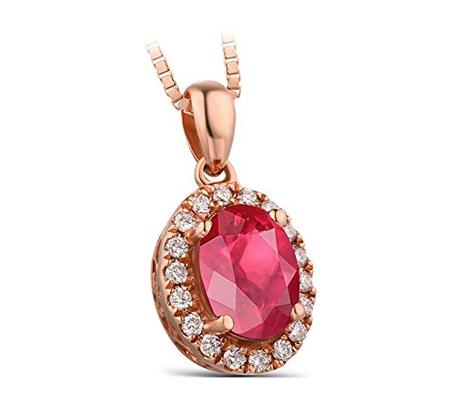 ANAZOZ Echtschmuck Halskette Damen 18 Karat / 750 Rosegold Oval 1.2Ct Rubin Rot Halskette mit Anhänger mit Diamant Schmuck für Frauen