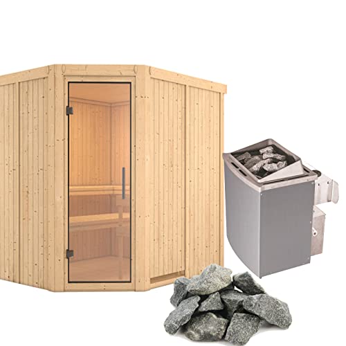 HORI® Traditionelle Sauna Ecksauna mit Ofen | 9,0 kW Finnish + int. Strg I 231 x 196 cm - Mikkel