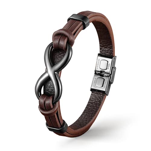 UNIQAL | Unendlichkeit Leder Armband "INFINITY" Herren | Edelstahl/Echtleder Schwarz und Braun + Geschenk Etui box (Braun, 21)