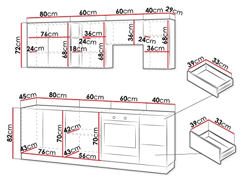 Küche Eurybia DK 180/240 cm, Küchenblock/Küchenzeile, 8 Schrank-Module frei kombinierbar, Arbeitsplatte, Metallbox (Weiß/Eiche Burlington/Grau Platin/Piemonte, mit LED Beleuchtung)