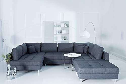 invicta INTERIOR Moderne XXL Wohnlandschaft Kent 303cm anthrazit grau Federkern mit Schlaffunktion Sofa inkl. Hocker und Kissen Schlafsofa Eckcouch