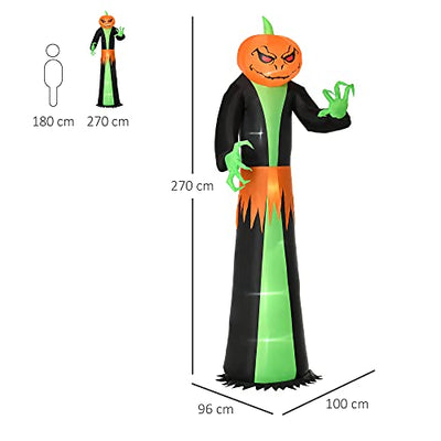 HOMCOM Aufblasbar Kürbis Halloween Dekoration Selbstaufblasend Gespenst mit LED Polyester Grün+schwarz 100 x 96 x 270 cm