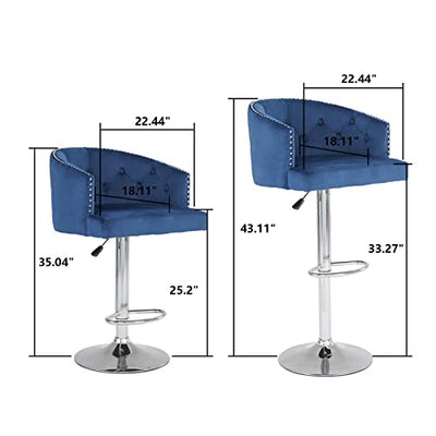 Barhocker 2er Set Samt Barstuhl Moderne Tresenhocker 360° Drehbar Küchenhocker Höhenverstellbar Bistrohocker für Küche/Hausbar (Blau, 57 x 46 x 90-110 cm)