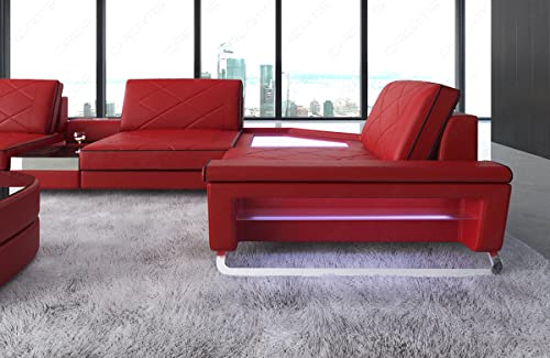 Ledersofa Ferrara als U-Form Wohnlandschaft mit USB Beleuchtung Sofa mit Kopfstützen Designersofa Couch (Ottomane Links, Rot-Schwarz)