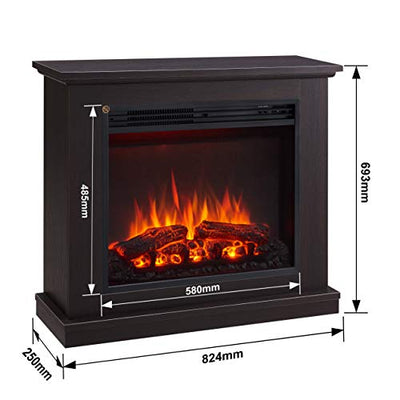 CrownFlame Phanos Elektrokamin - Elektrischer Standkamin mit Heizung 1000/2000 W, realistischer 3D-Flammeneffekt, Fernbedienung programmierbar, Timer, Thermostat - Dunkelbraun