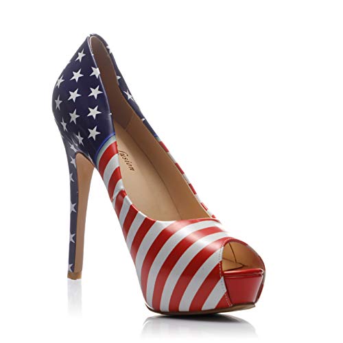 Reindee Lusion Damen High Stiletto Heels Amerikanische Flagge gedruckt Peep Toe Sexy Plateau Pumps Schuhe, Rote Flagge, 35 EU