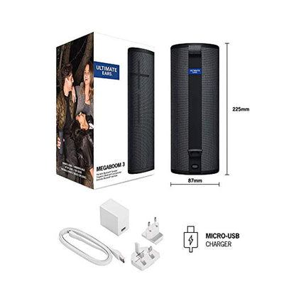 Ultimate Ears Megaboom 3 Tragbarer Bluetooth-Lautsprecher, 360° Sound, Satter Bass, Wasserdicht, Staubresistent & Sturzfest, One-Touch-Musiksteuerung, 20-Stunden Akkulaufzeit - Schwarz