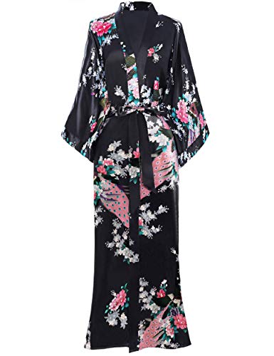 BABEYOND Damen Morgenmantel Maxi Lang Seide Satin Kimono Kleid Pfau Muster Kimono Bademantel Damen Lange Robe Schlafmantel Girl Pajama Party (Schwarz)