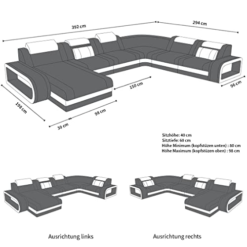 Sofa Berlin XXL U Form Wohnlandschaft mit LED Beleuchtung und Ottomane (Ottomane rechts, Blau-Schwarz)