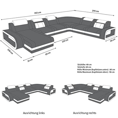 Sofa Berlin XXL U Form Wohnlandschaft mit LED Beleuchtung und Ottomane (Ottomane rechts, Blau-Schwarz)