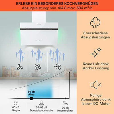 Klarstein Dunstabzugshaube, Abzugshaube für Küchen, Dunstabzugshaube mit Filter, Dunstabzug mit 594 m³/h Luftstrom, Wandhaube mit LED Beleuchtung, Energieklasse A, Dunstabzugshaube 60cm Umluft