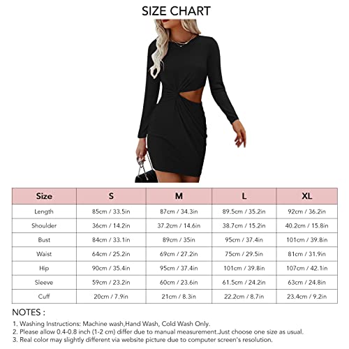 Cocoarm Damen Sexy Bodycon Kurzes Kleid Rundhals Langarm Hüftkleid Aushöhlen Taille Einfarbig Freizeitkleid Minikleid Wickelkleid Businesskleid Partykleid Cocktailkleid(L-Schwarz)