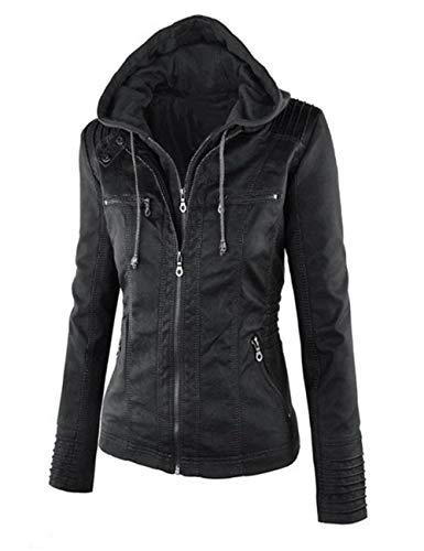 Seamido Lederjacke Damen Herbst Winter Motorrad Jacke Bomberjacke Bikerjacke mit Reißverschluss Kapuzen Übergangsjacke(Schwarz, L)