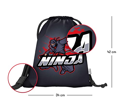 Baagl Schulranzen Jungen Set 5 Teilig, Ergo Schultasche ab 1. Klasse, Ergonomische Grundschule Ranzen mit Brustgurt (Ninja)