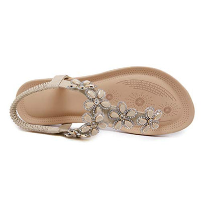 SANMIO Damen Sandals Bohemian Strass Flach Sandaletten PU Leder Zehentrenner, Beige-a, Gr.- 37 EU