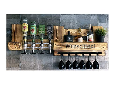 Rustikale Wand-Bar inkl. 4 Getränkespender 3cl - Personalisiertes Geschenk | 120cm Industrial Vintage Weinregal Flaschen-Regal | Platz für Spirituosen & Gläser | für Wein, Schnaps, Whisky Massiv