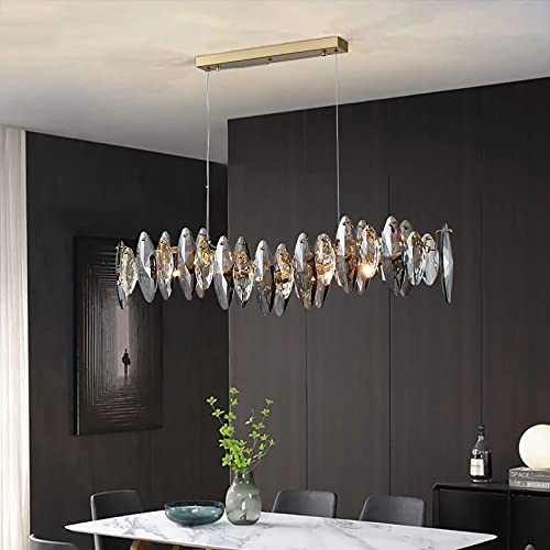 TTNAO Kristall Kronleuchter Luxus Gold Pendelleuchte Schön Grauer Funkelnder Kristall Blätter Modern Pendelleuchten für Kücheninsel Wohnzimmer Esszimmer Schlafzimmer Lampe,6-Flammig(Rectangular)