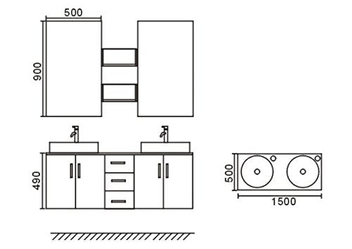 Badmöbel Badezimmermöbel Badezimmer Waschbecken Waschtisch Schrank Spiegel Set Wasserhähne enthalten 150 cm mod. White Lion