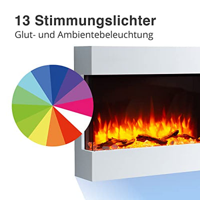 RICHEN Alva Elektrokamin - Elektrischer Wandkamin mit Heizung 1000/2000 W, realistischer 3D-Flammeneffekt, LED-Beleuchtung, Fernbedienung programmierbar, Timer, Thermostat - Weiß