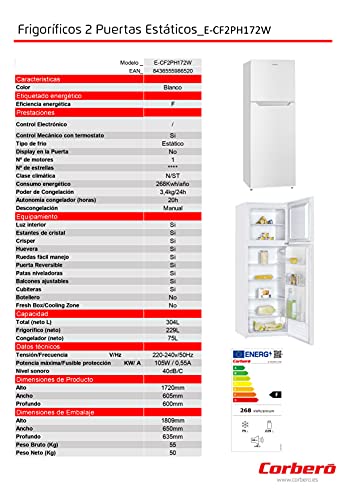 Corberó E-CF2PH172W Kühlschrank mit 2 Türen, Maße 172 x 60, Fassungsvermögen 304 l, integrierter Griff, umkehrbare Türen, 40 dBA, Crisper, Glaseinlegeböden, Energieeffizienz F