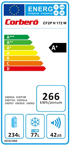 Corberó E-CF2PH172W Kühlschrank mit 2 Türen, Maße 172 x 60, Fassungsvermögen 304 l, integrierter Griff, umkehrbare Türen, 40 dBA, Crisper, Glaseinlegeböden, Energieeffizienz F