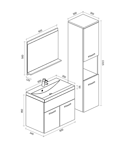 Badezimmer Badmöbel Set Montreal 60cm Waschbecken Eiche - Unterschrank Hochschrank Waschtisch Möbel