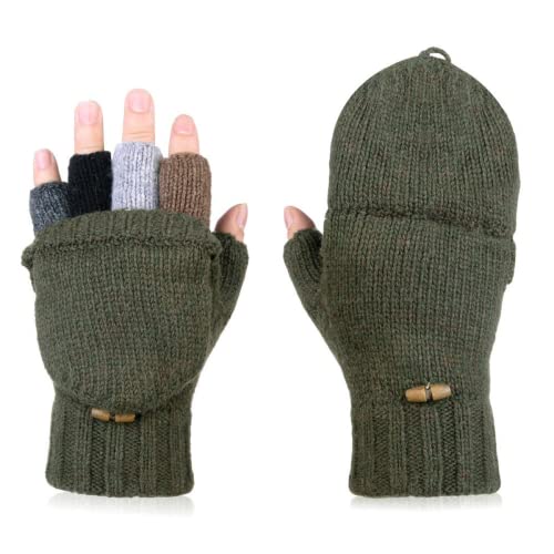 AOKAY Winter Handschuhe Fingerlose Fäustlinge Damen Fingerhandschuhe Fingerlos Handschuhe Strick Handschuhe mit Flip Top (Armeegrün)