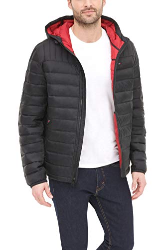 Tommy Hilfiger Herren Wasserabweisende Jacke mit Kapuze Daunenalternative Mantel, schwarz, Large