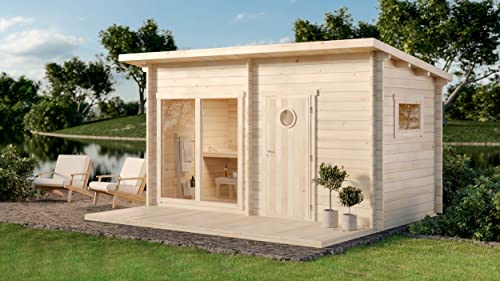 Polhus Gartensauna aus Holz Kivi, Outdoor-Sauna modern mit 2 Räumen für 4 Personen, Außensauna Garten mit Panoramafenster aus Isolierglas, Saunahaus 465 x 390 x 250 cm, naturbelassen