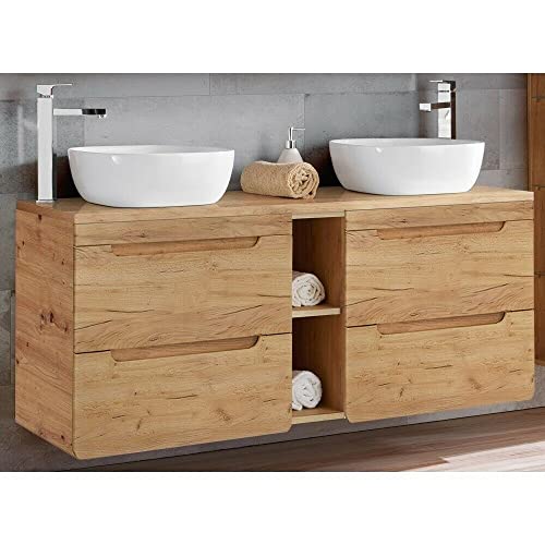 ADHW Badezimmerschrank Badschrank Doppel Waschtisch Mit Unterschrank 140cm Eiche Keramikbecken Badezimmerschrank Modernes Und Zeitloses Design Badschrank