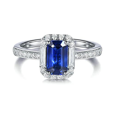 18 Karat (750) Weißgold Ehering, Verlobungsring Damen Runder Eingelegter Blauer Saphir Von 1,4 ct Mit Diamant Von 0,37 ct Ring Größe 45 (14.3)