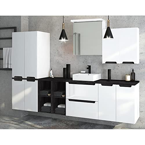 Lomadox Badmöbel Komplett Set, Hochglanz weiß mit Beton, 60cm Waschtischunterschrank mit Keramikbecken, LED-Spiegelschrank, 2 Hochschränke, 4 Unterschränke, 2 Hängeschränke, 2 Wäschesammler, 2 Regale