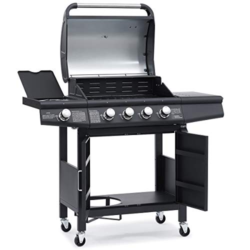 TAINO RED 4+1 Grillwagen BBQ Edelstahl-Brenner Gasgrill schwarz inkl. Zubehör Abdeckplane Haube Gasregler