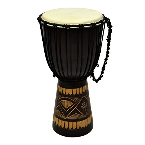 50 cm Djembe Trommel Buschtrommel Afrika-Style geschnitzt Handarbeit exotische Motive Schnüre Knoten Ziegenfell schwarz braun