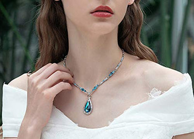 Damen Anhänger Halskette Österreichisches Kristallhalsband ausziehbar, Halskette Luxus Mode Anhänger Schlüsselbein Kette Schmuck High-End Souvenir/Blau.