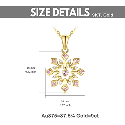 YDD 9 Karat Gold Schneeflocken-Halskette für Damen, Liebes Herz Schneeflocken Anhänger Halskette mit rosa Zirkonia Weihnachtsgeschenke Schmuck für Mädchen Ihr 16''+1''+1''