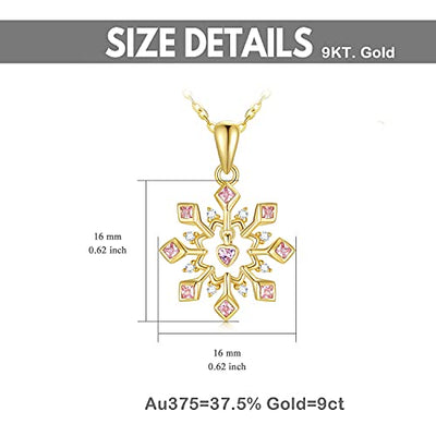 YDD 9 Karat Gold Schneeflocken-Halskette für Damen, Liebes Herz Schneeflocken Anhänger Halskette mit rosa Zirkonia Weihnachtsgeschenke Schmuck für Mädchen Ihr 16''+1''+1''