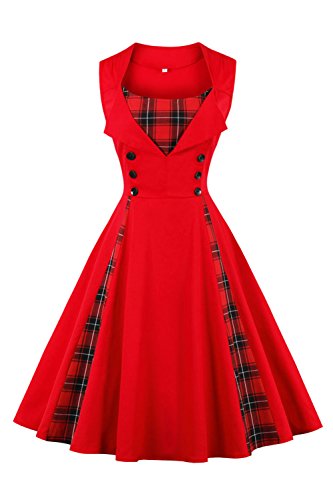 Axoe Damen 50er Jahre Cocktailkleid Rockabilly Elegantes Faltenrock Festliches Partykleider Vintage Kleid Audrey Hepburn Abendkleider mit Polka Dots Knielang, Rot, 3XL (48 EU)