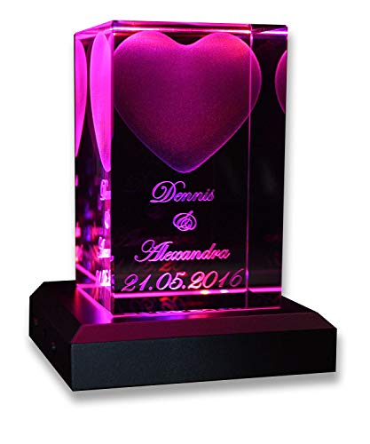 VIP-LASER Kristall Glas 3D Herz mit Wunschtext inkl. LED Leuchtsockel Silber & Gravur | Personalisiertes Geschenk graviert für Frauen und Männer | Geschenkidee zu Weihnachten Valentinstag Jahrestag