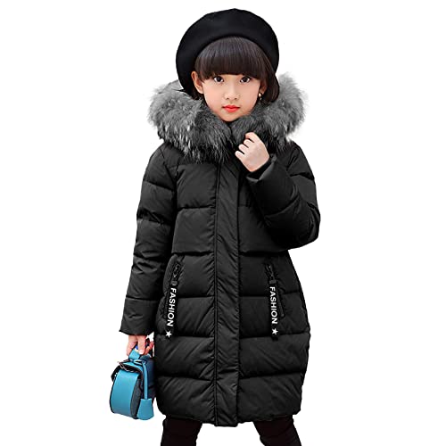 Amur Leopard Winterjacke Mädchen Skijacke Kinder Wintermantel mit Kapuze Winddicht warm Daunenjacke Verdicken Daunenmantel Gefütterte Winter Jacke, Schwarz, 120