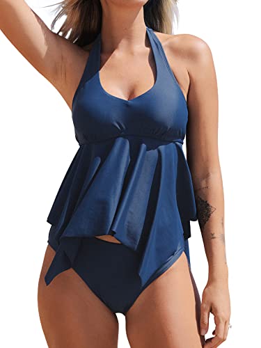 CUPSHE Damen Tankini Set Neckholder U Ausschnitt Tankini Bademode Asymmetrischer Saum Zweiteiliger Badeanzug Swimsuit Blau S