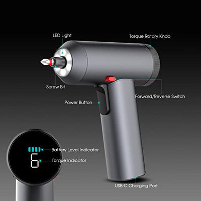 LAZYBOI Akku-Elektro-Schraubendreher-Set, wiederaufladbar, 3,7 V, 26 Stück, All-in-One-Design mit Bildschirm, 6 Drehmoment, USB-C-Aufladung, Arbeitslicht, Weihnachtsgeschenke, Strumpffüller für Männer