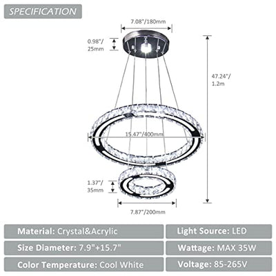 CLAIRDAI Kristall LED Moderne Kronleuchter 2 Ringe Pendelleuchte Einstellbare Höhe Leuchte Mit K9 Crystal&Acryl Für Schlafzimmer Wohnzimmer Esszimmer Küche Flur (20+40cm Kaltweiß), 2040-Cool