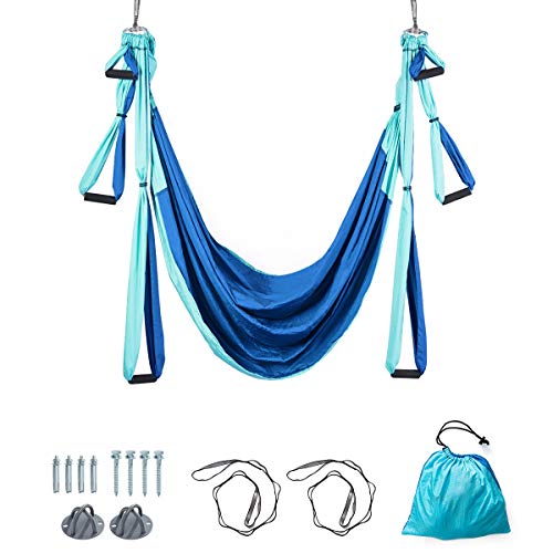 COSTWAY Aerial Yoga Hängematte, Yoga Schaukel, Air Fliegen Hängematte Set, Yogatuch mit Montagezubehör (Blau)