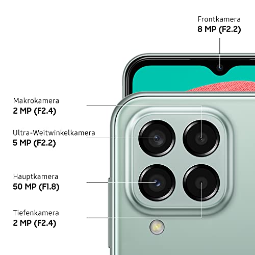 Samsung Galaxy M33 5G, Android Smartphone, 6,6 Zoll Infinity-O TFT Display, 5.000 mAh Akku, 6 GB RAM 128 GB Speicher, Dual-SIM, Khaki Green