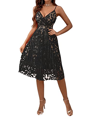 SheIn Damen Elegant Spitzenkleid Knielang A-Linie Plisseekleid Spaghettiträger Swing Cocktailkleid Ärmellos Faltenkleid Schwarz S