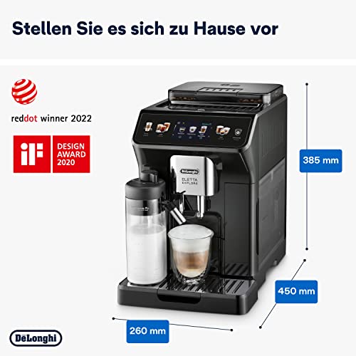 De'Longhi Eletta Explore Perfetto ECAM452.57.G Kaffeevollautomat mit LatteCrema Milchsystem, heiße und erfrischende Getränke auf Knopfdruck, 3,5 Zoll TFT Touchscreen Farbdisplay,Kaffeekanne inklusive