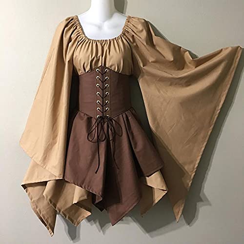 wuchun Damen Kurzes Mittelalter Renaissance Kleid Gothic Kostüm Korsett Flare Langarm Retro Kleider Halloween Cosplay, Khaki