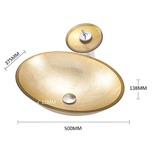 HomeLava Gehärtetes Glas Waschbecken Waschtisch Rund Gold Aufsatzbecken Aufsatzwaschbecken Glaswaschbecken Aufsatzwaschtisch Spülbecken Becken inkl. Ablaufgarnitur und Wasserfall-Wasserhahn